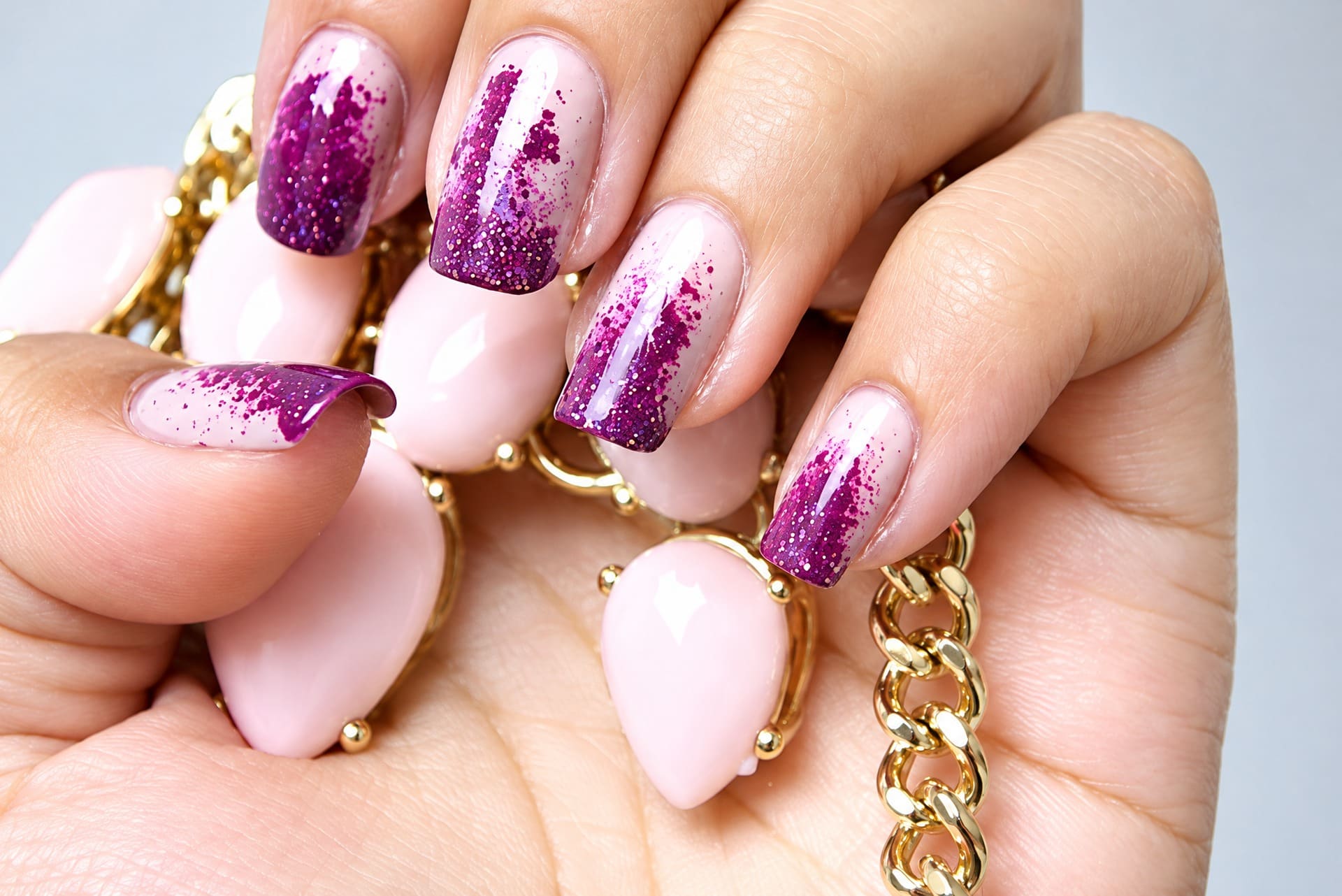 Roze nagels met paarse glitterovergang