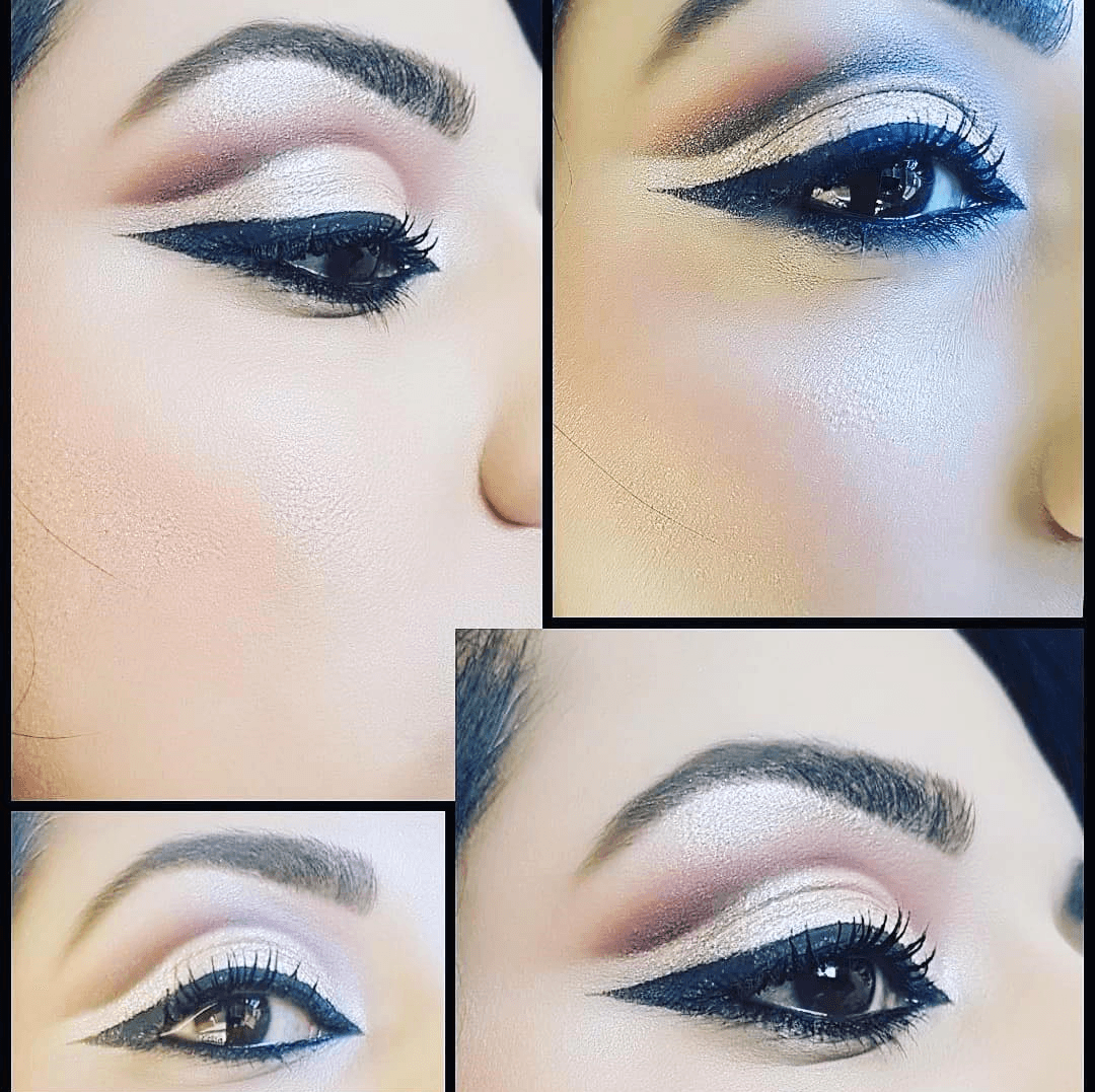 Oogmake-up met eyeliner en highlighter, werk van de visagie