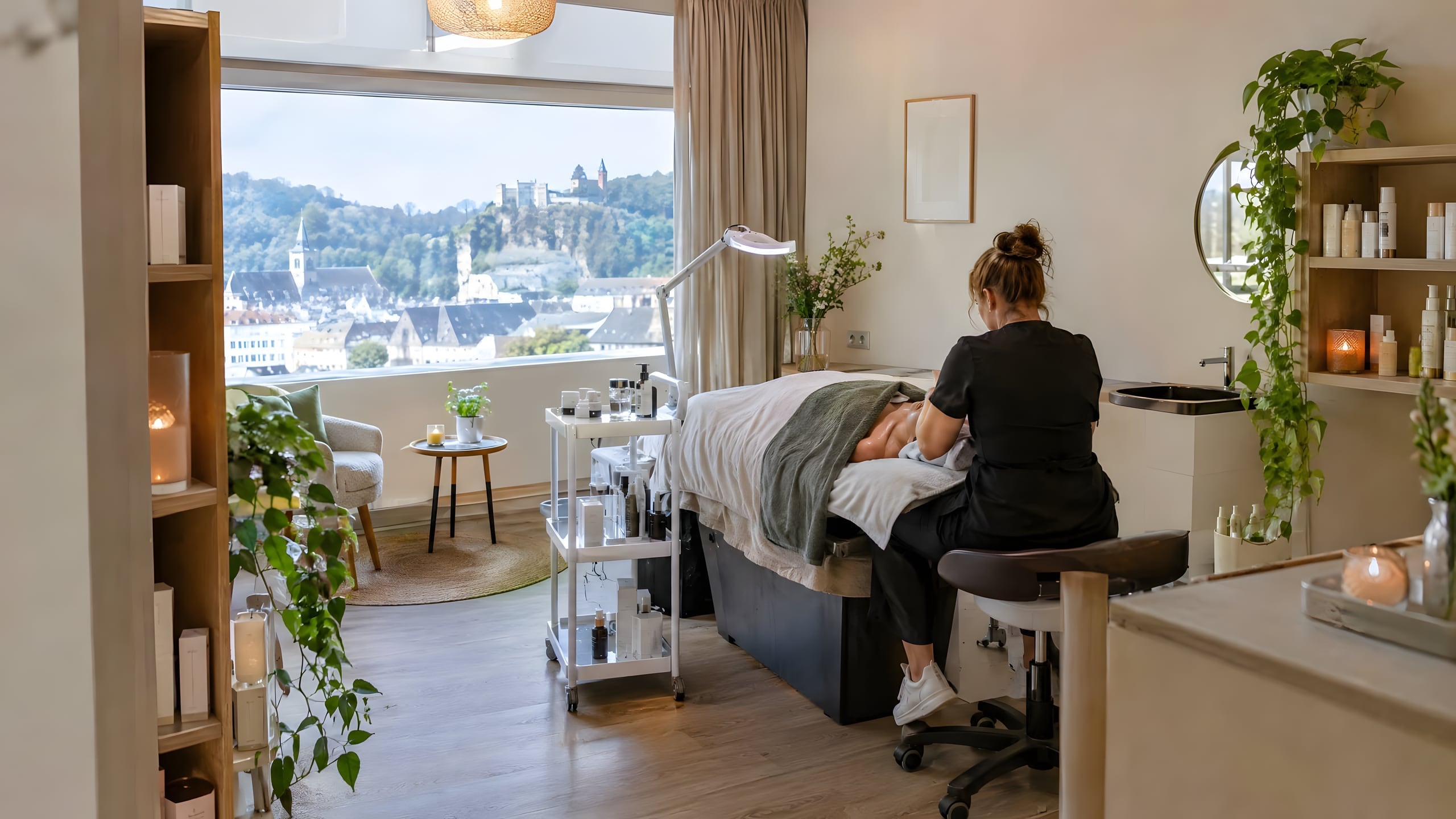 Rustige behandelkamer van een schoonheidssalon met daglicht, verzorgingsproducten en een behandelstoel